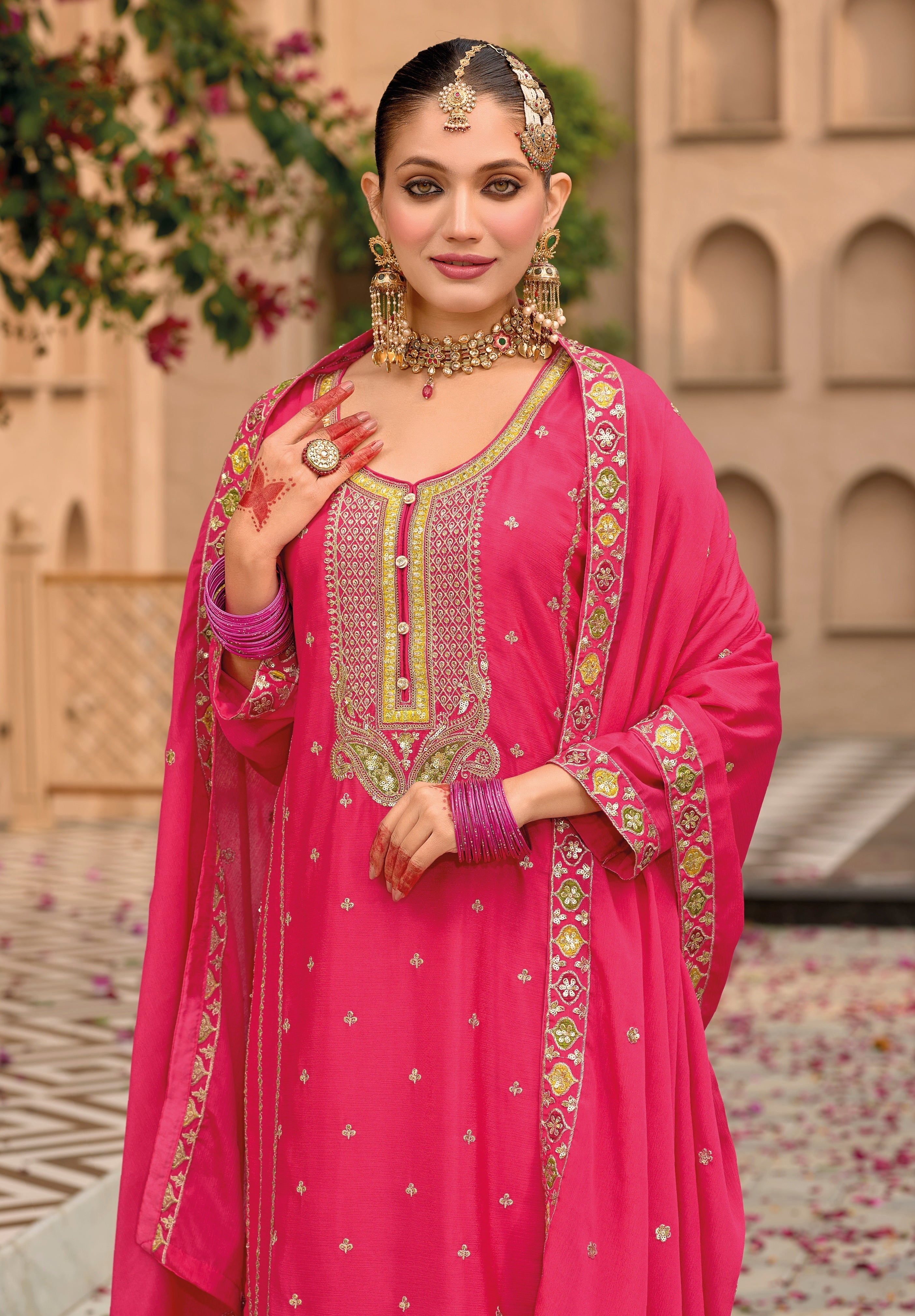 Pink hevey Chinon with emboidery work Palazzo suit - qivii