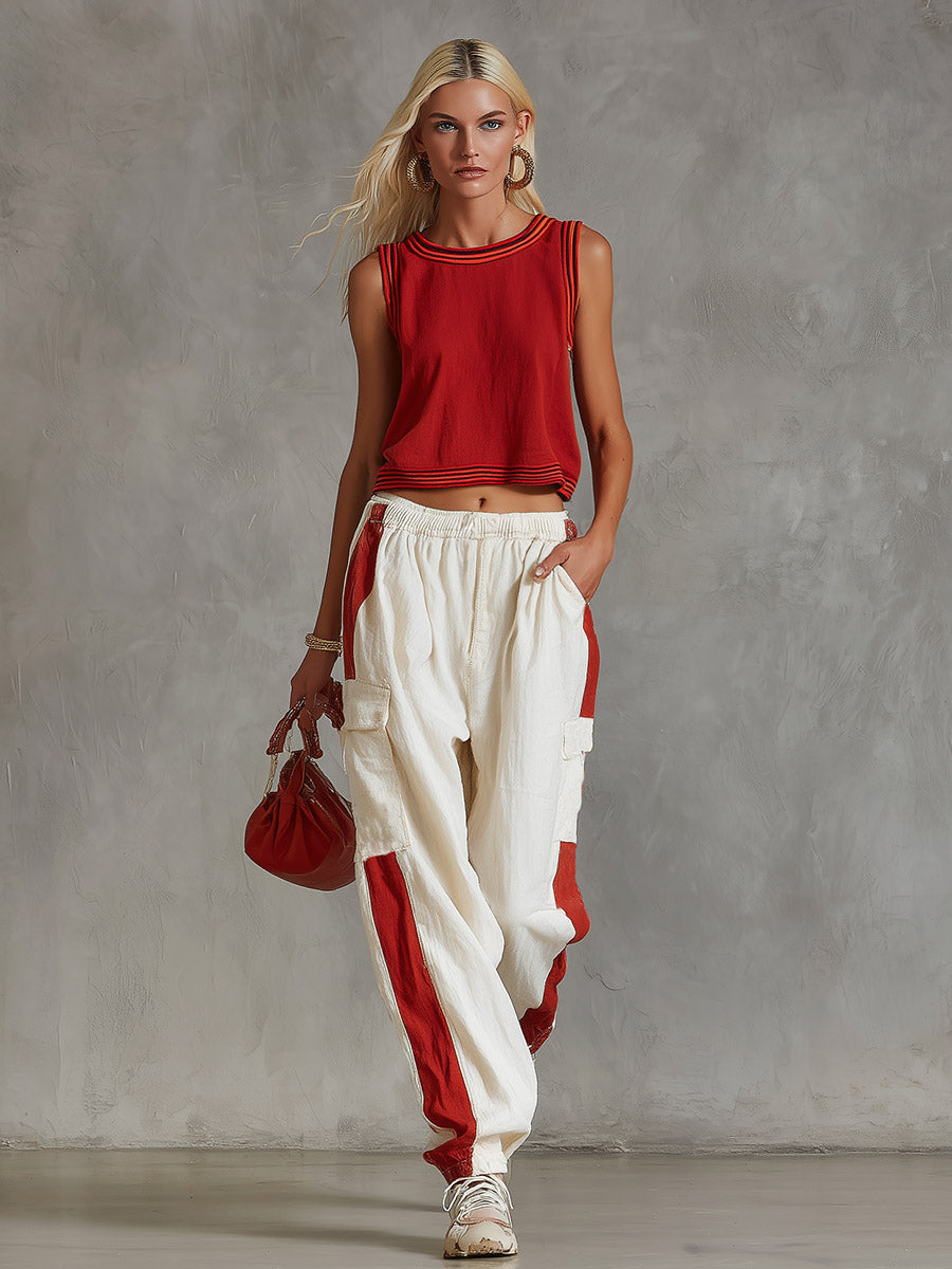 Casual & Stylish Red Vest And White Cargo Pants Cotton-Linen Set