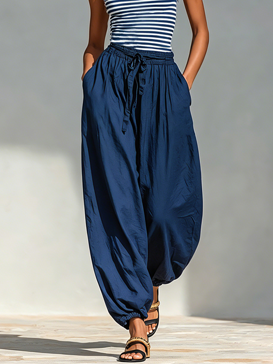 Women's Navy & White Striped Cotton-Blend Two-Piece Set With Square Neck Sling Top & Drawstring Harem Jogger Pants, Minimalist Casual Vacation Outfit MDZ0518F8LYL