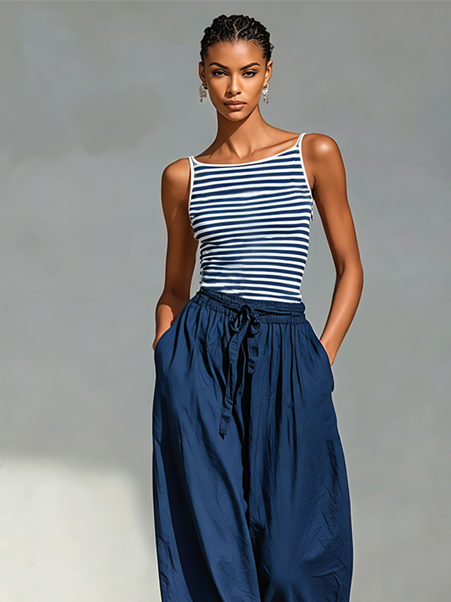Women's Navy & White Striped Cotton-Blend Two-Piece Set With Square Neck Sling Top & Drawstring Harem Jogger Pants, Minimalist Casual Vacation Outfit MDZ0518F8LYL