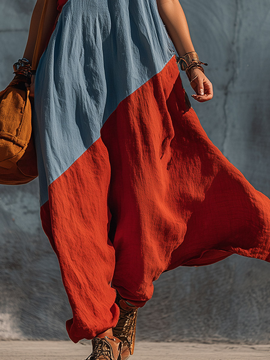 Retro Bohemian Blue & Red One-Shoulder Cotton-Linen Maxi Dress