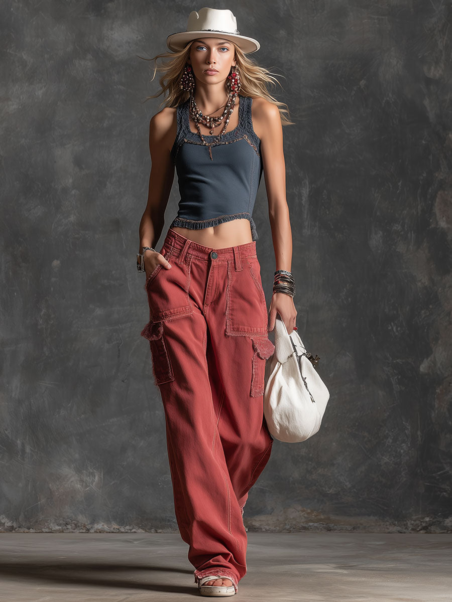 Casual Retro Red Frayed Multi-pocket Jeans
