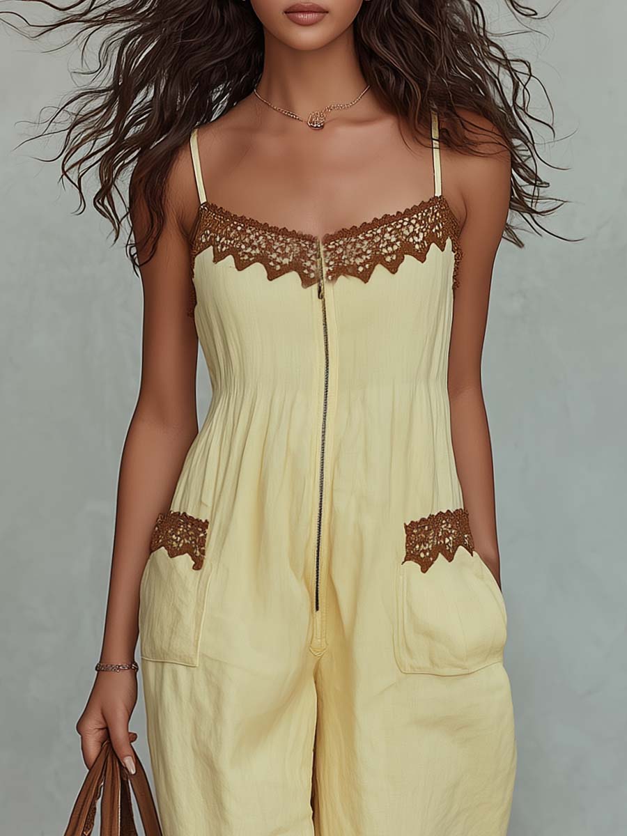 Women's Lace Trim Cotton Linen Wide Leg Jumpsuit With Front Zipper