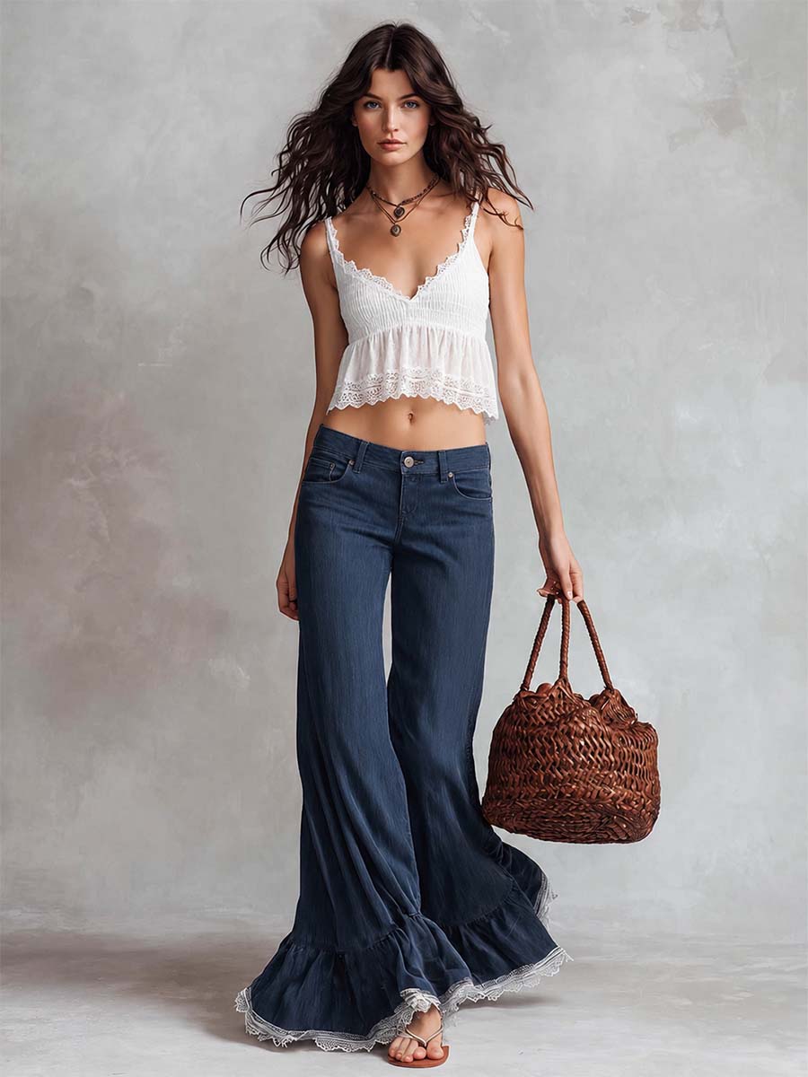 Retro Versatile V-neck Ruffled Hem And Lace Trim White Tank Top