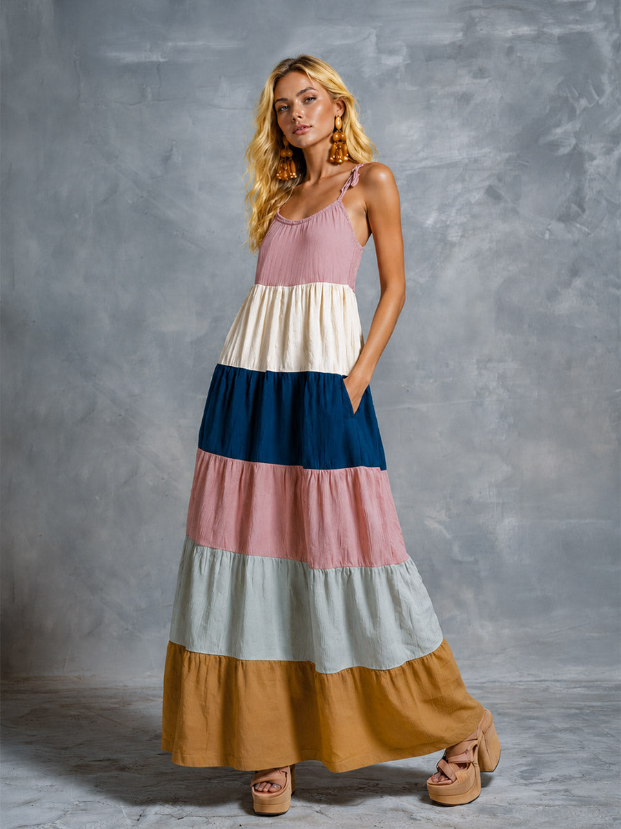Vintage-style Multicolored Patchwork Cotton-linen Camisole Maxi Dress - By Qivii