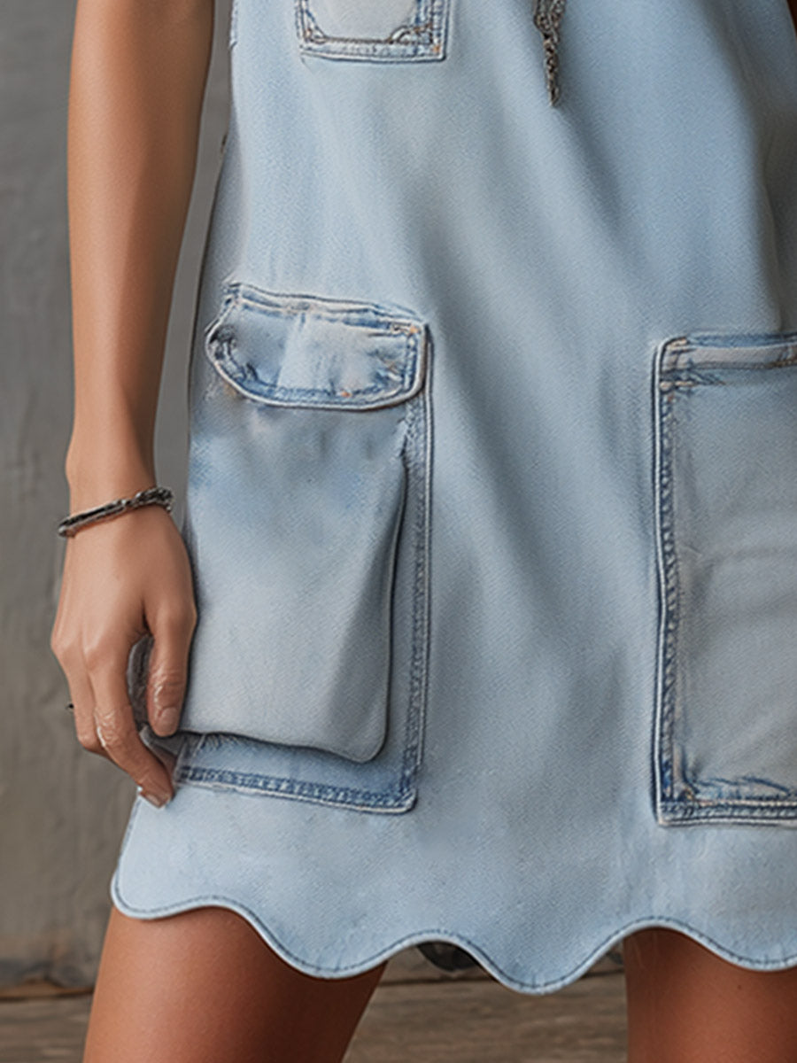 Casual Distinctive Wavy-edge Light Blue Denim Mini Dress