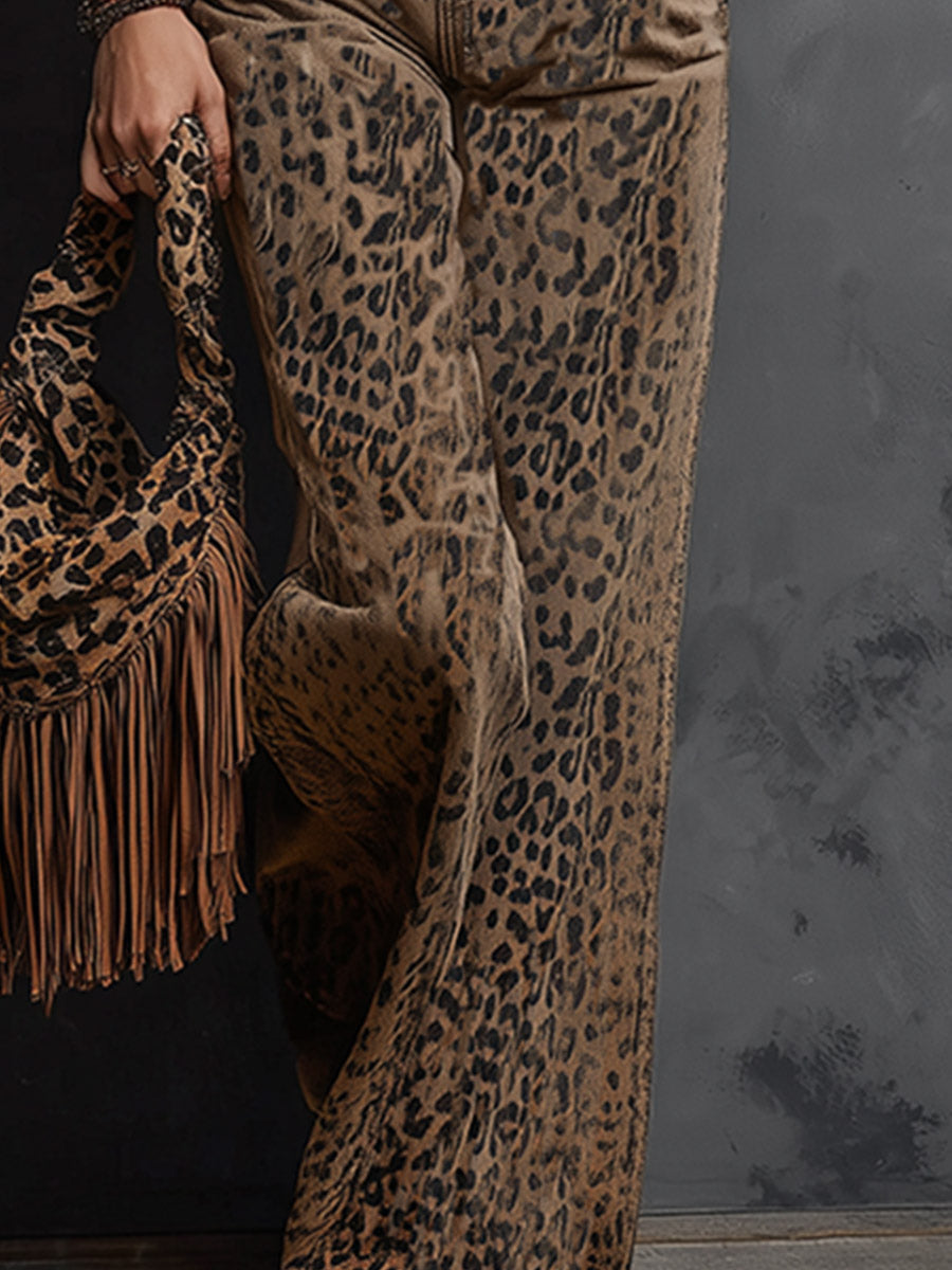 Retro-chic Western-style Light Brown Leopard-print Denim Jumpsuit
