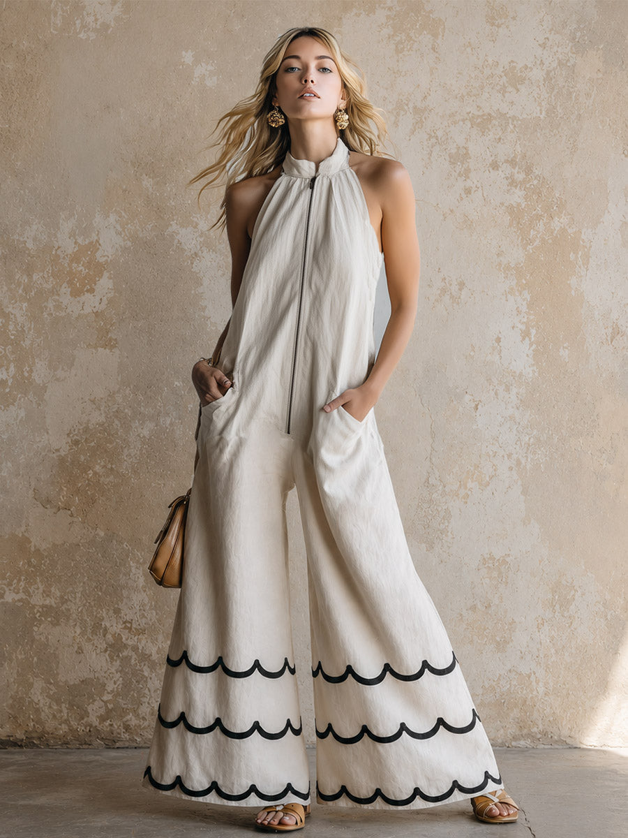 Classic Contrast-Color Wavy-Edge Off-White Cotton-Linen Halter Jumpsuit