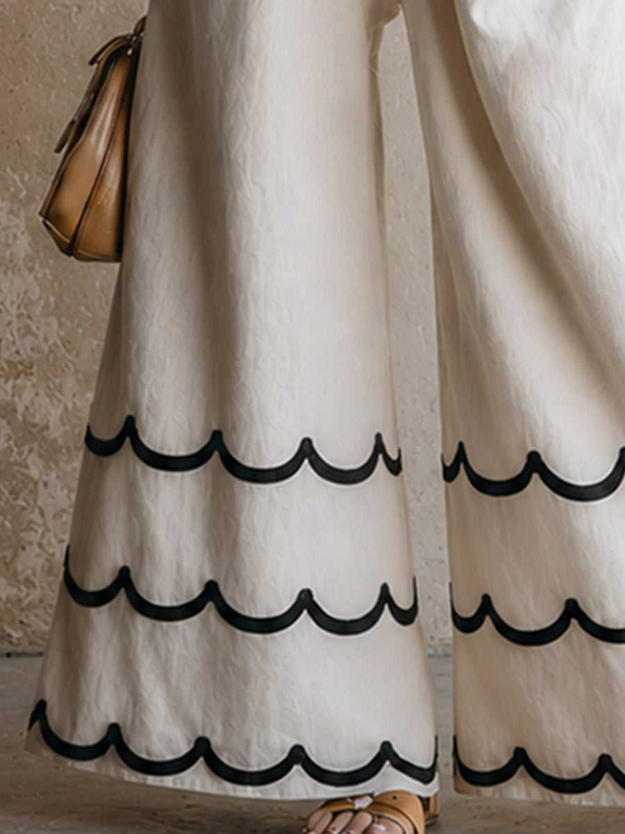 Classic Contrast-Color Wavy-Edge Off-White Cotton-Linen Halter Jumpsuit