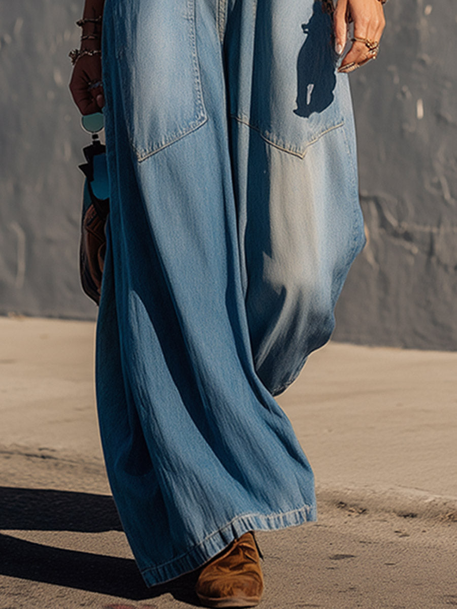 Retro-style Patchwork Blue Denim & Leopard-print Faux Suede Jumpsuit