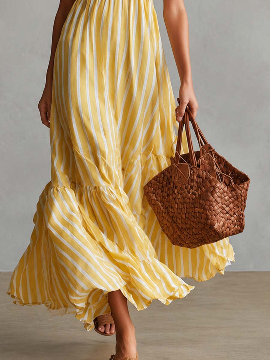 Vintage-style Vacation Halter-neck Ruffled Light Yellow Striped Chiffon Maxi Dress