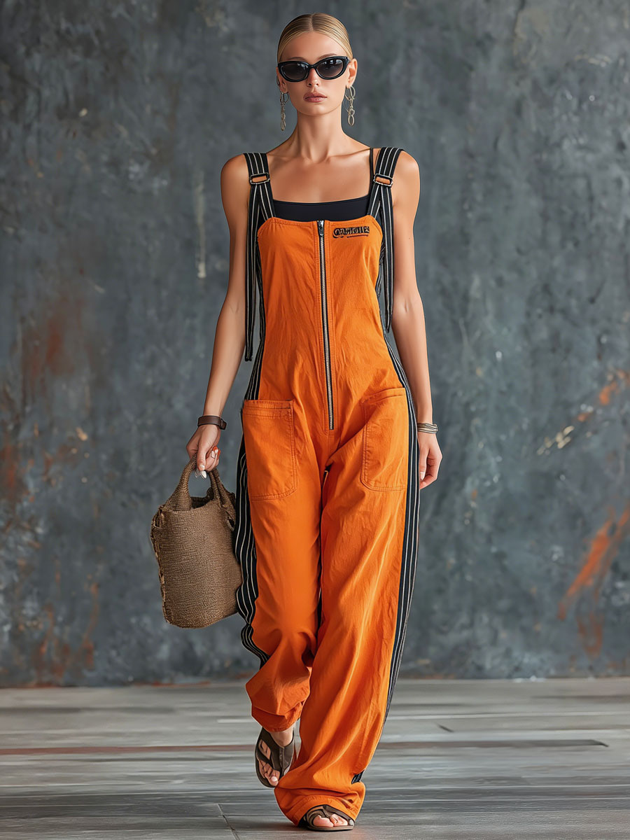 Sporty Retro Striped Embroidered Orange Cotton Sleeveless Jumpsuit