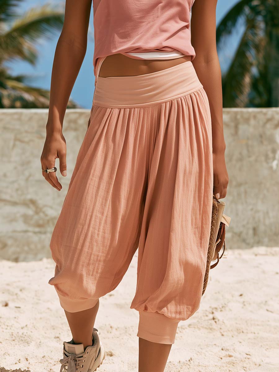 Casual Fashion Pink Cotton Crew-neck Top And Cotton-linen Lantern Pant Set