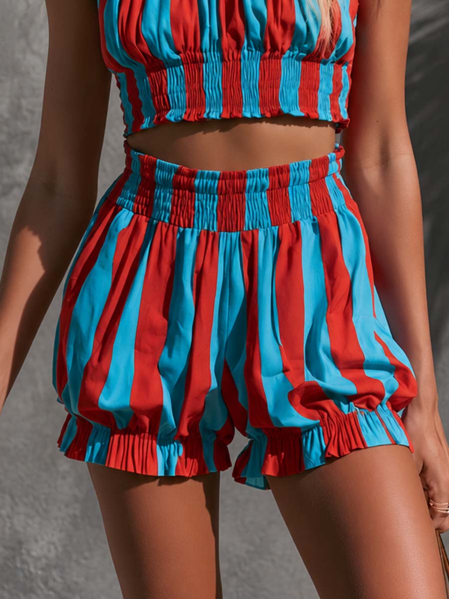 Retro Vacation Blue And Red Striped Square-neck Top And Lantern Shorts Set