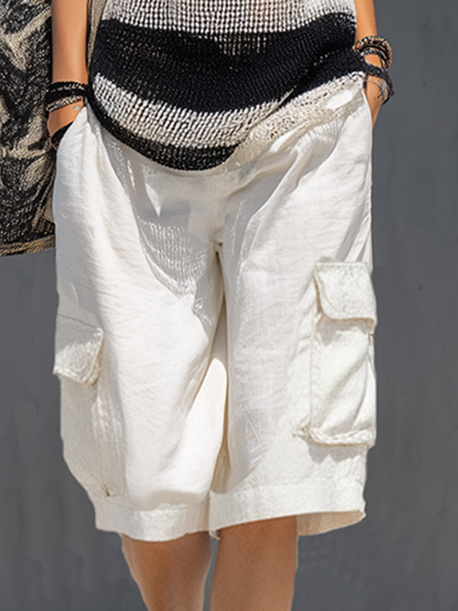 Casual White Striped Breathable Knit Tank Top And Workwear Shorts Set