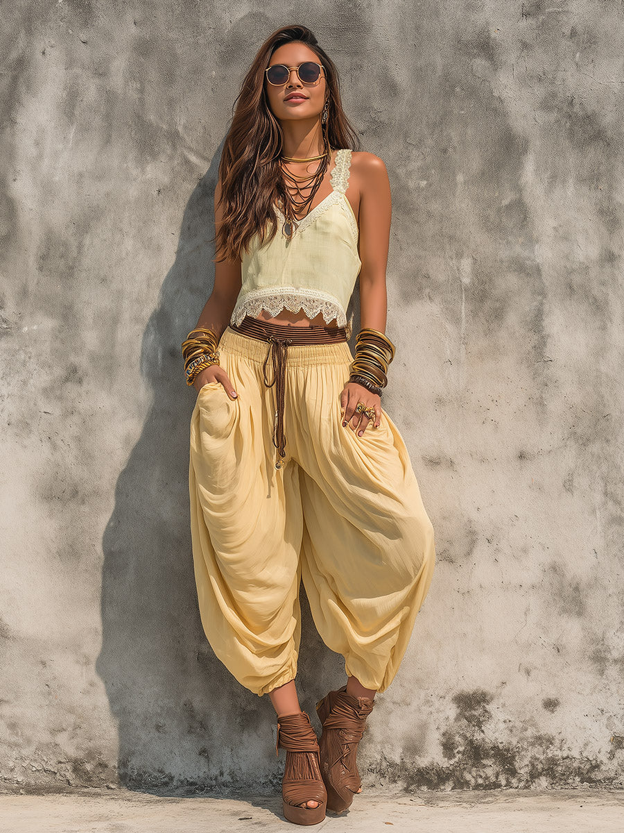 Retro-style Yellow Bohemian-inspired Top And Balloon-cut Cropped Trousers Set