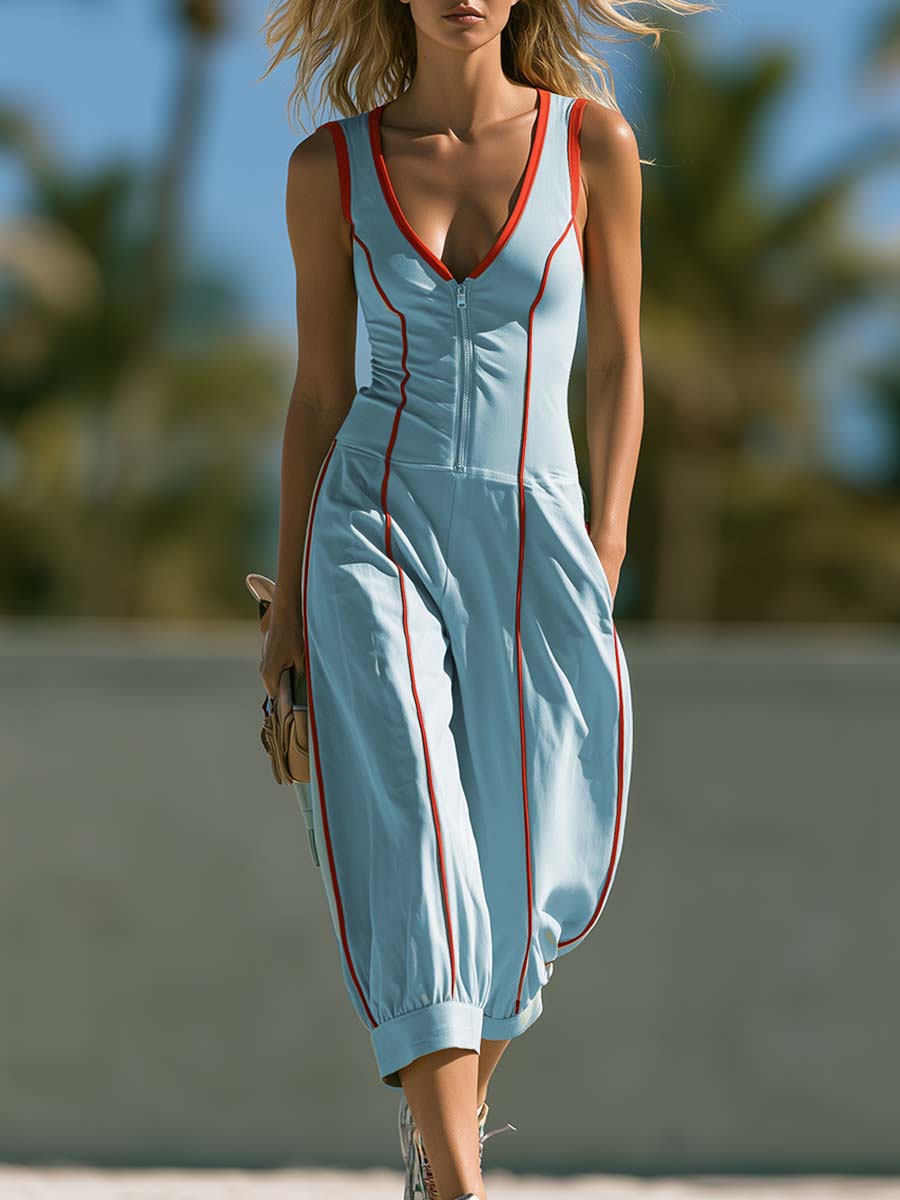 Athleisure Red Trim V-neck Front Zip Light Blue Cotton Jumpsuit