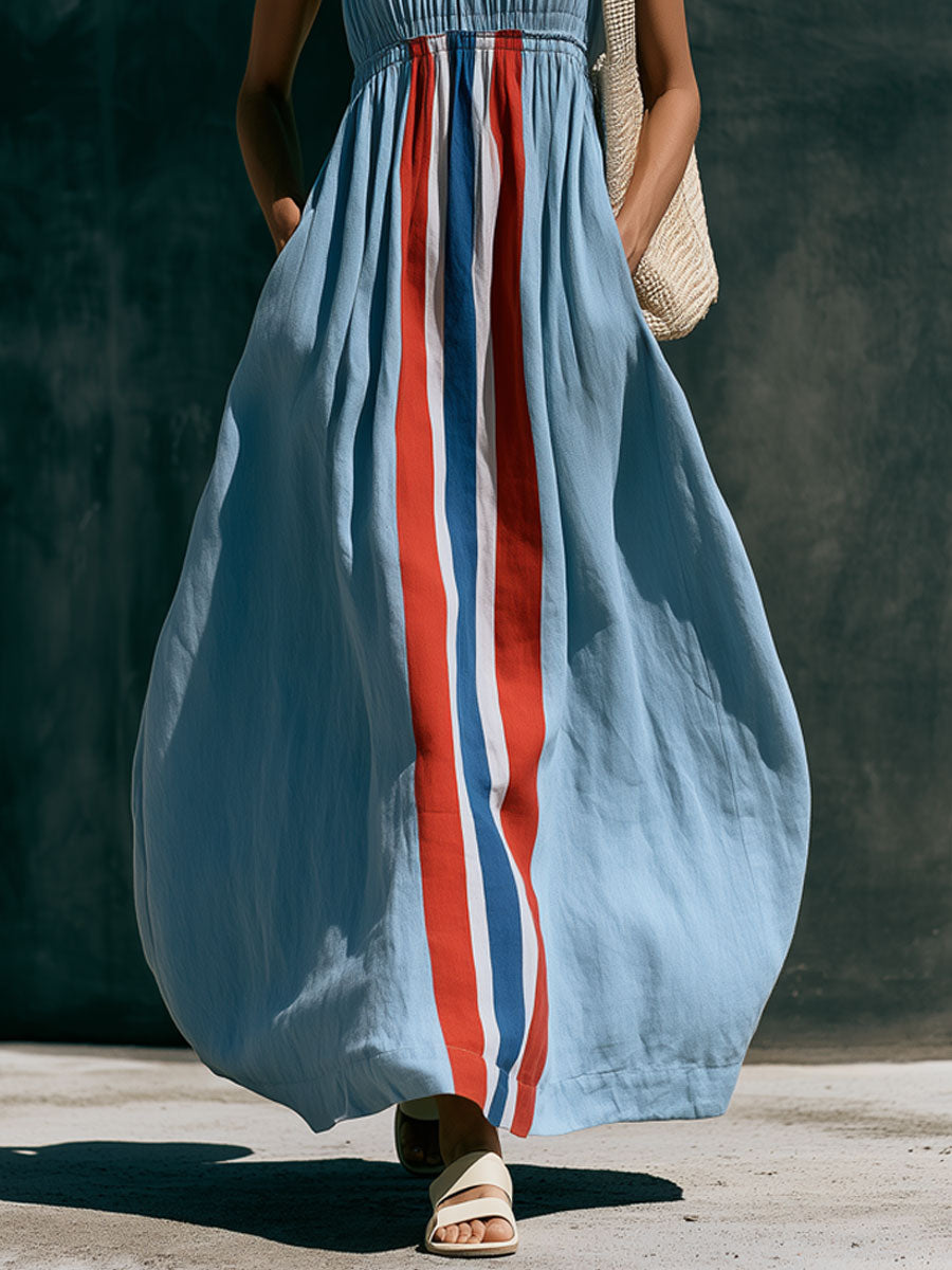 Vacation Retro Color Block Striped Blue Cotton Linen Sleeveless Maxi Dress