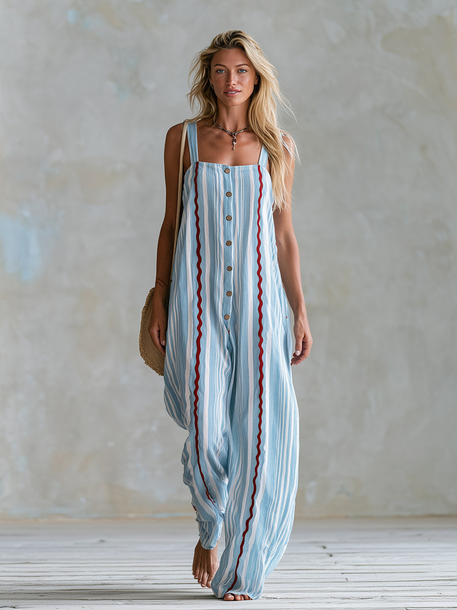 Casual-Chic Scalloped-Edge Blue Striped Cotton-Linen Square-Neck Jumpsuit