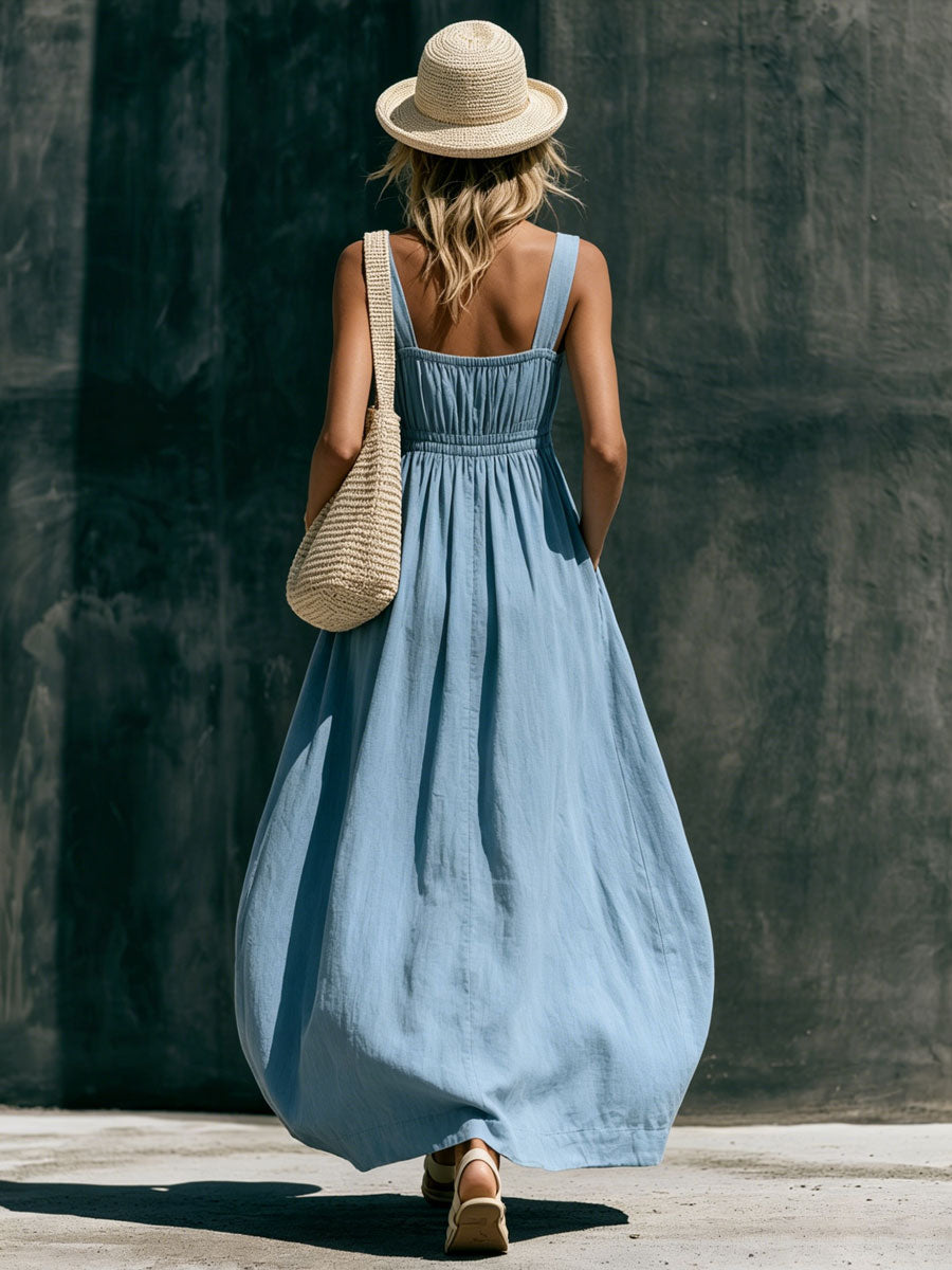 Vacation Retro Color Block Striped Blue Cotton Linen Sleeveless Maxi Dress