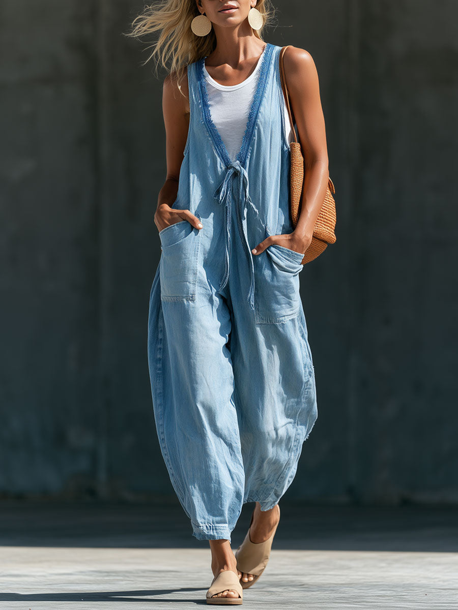 Fashionable Retro V-neck Lace-up Sleeveless Light Blue Denim Jumpsuit