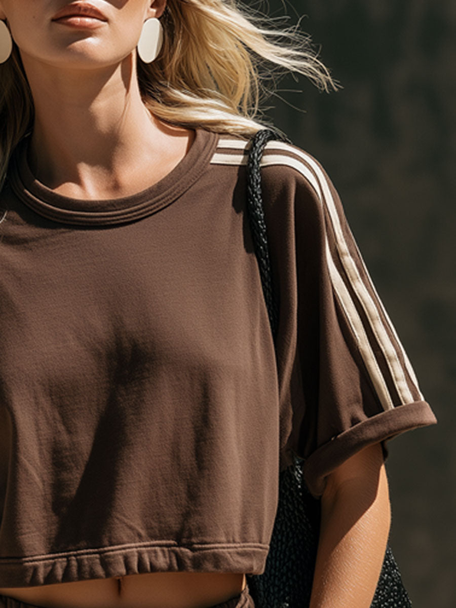 Retro Sporty Webbing Chocolate Cotton Short-Sleeve T-Shirt And Shorts Set