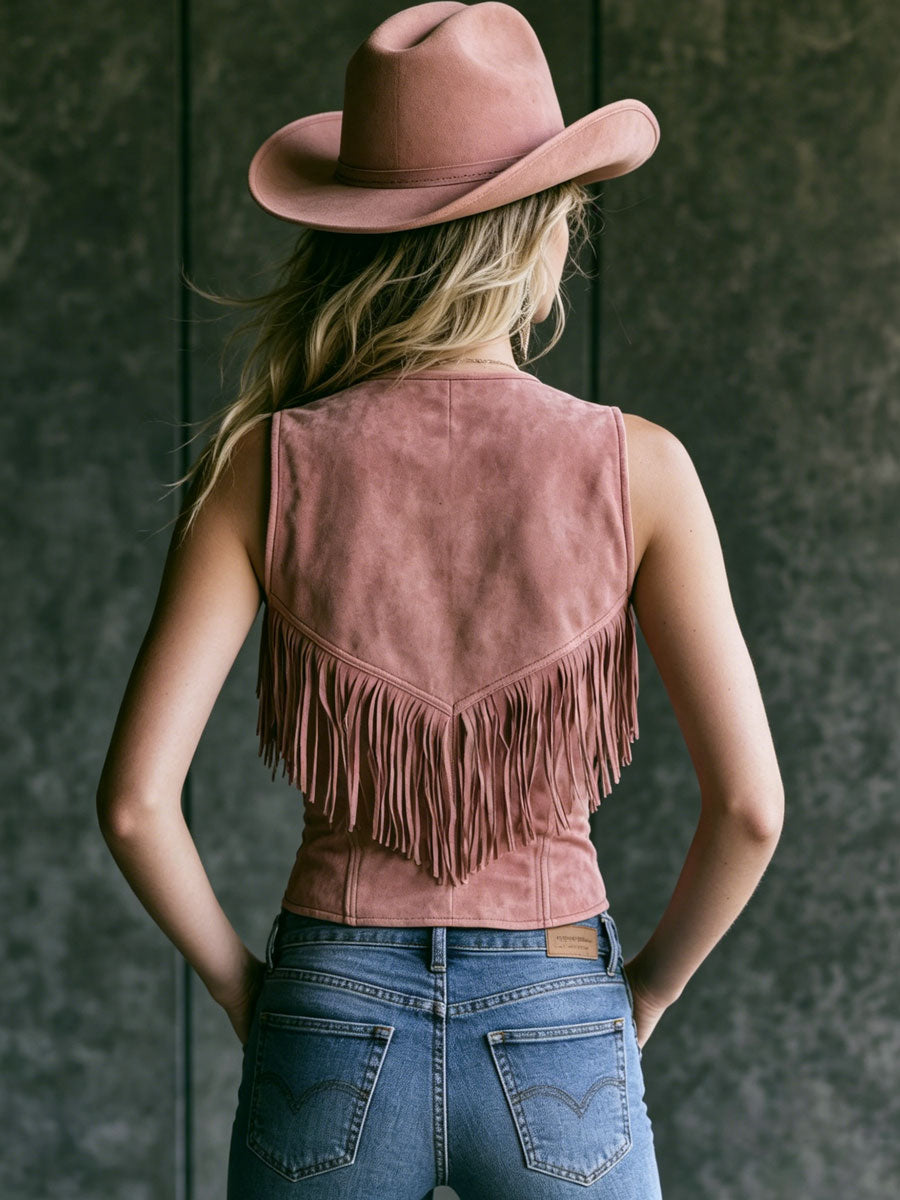 Western Retro Pink Faux Suede Embroidered Tassel Vest
