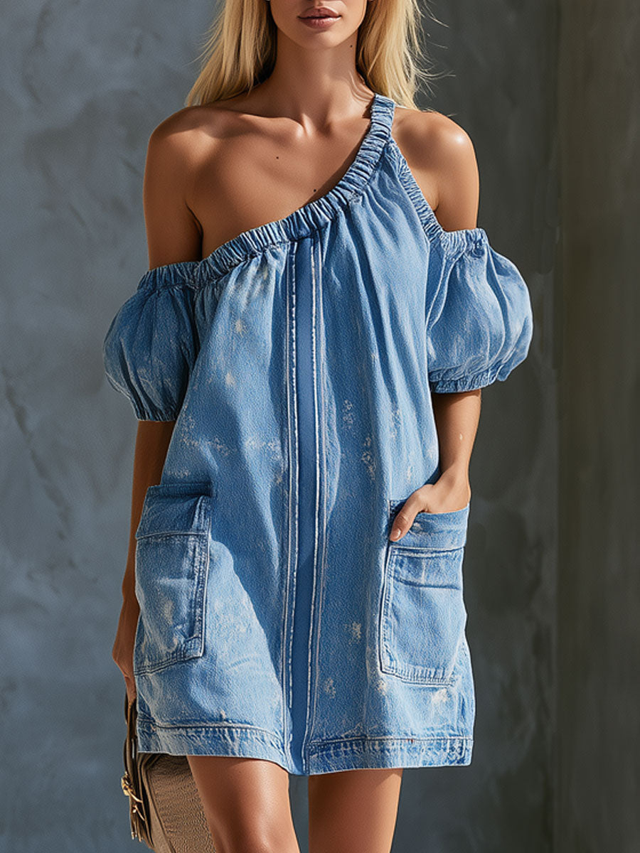 Casual Retro Blue Off-shoulder Puff Sleeve Denim Mini Dress