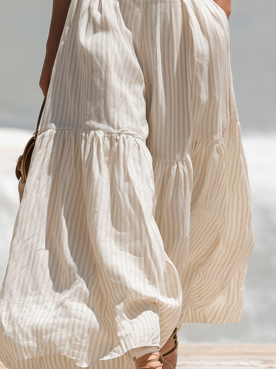 Casual Retro Blue Striped Knit Vest And Beige Striped Cotton-linen Pants Set
