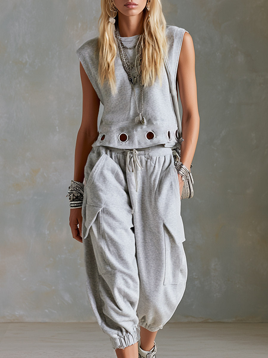 Casual Sporty Style Metal Eyelets Grey-White Tank Top & Cropped Pants Cotton Set