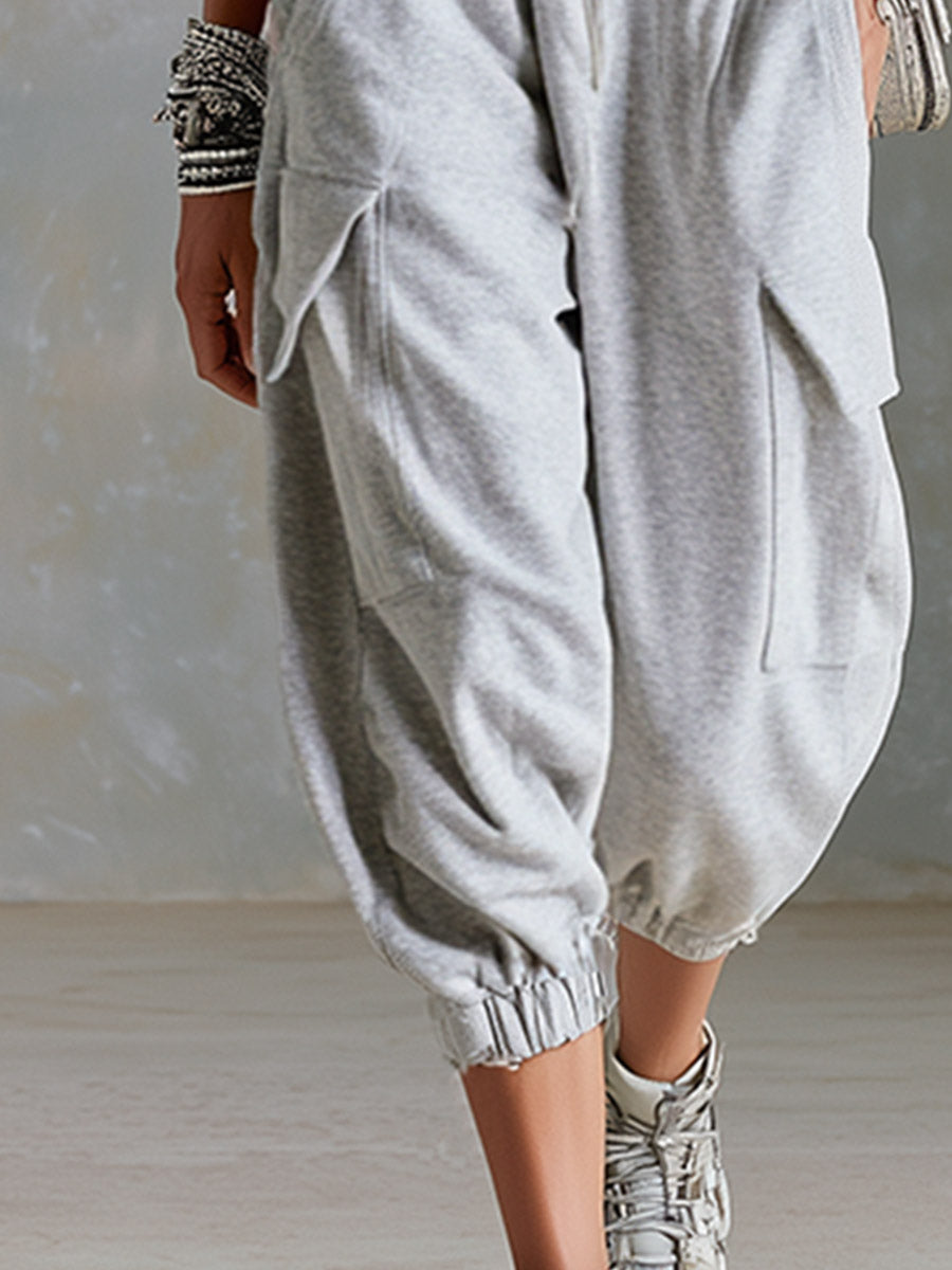 Casual Sporty Style Metal Eyelets Grey-White Tank Top & Cropped Pants Cotton Set