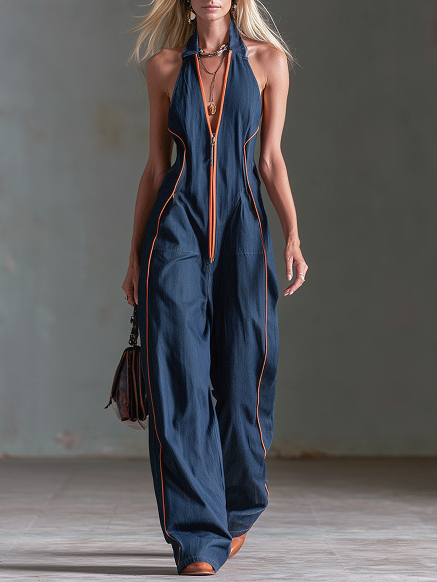 Retro Casual Workwear Style Contrast-color Trim Dark Blue Denim Jumpsuit