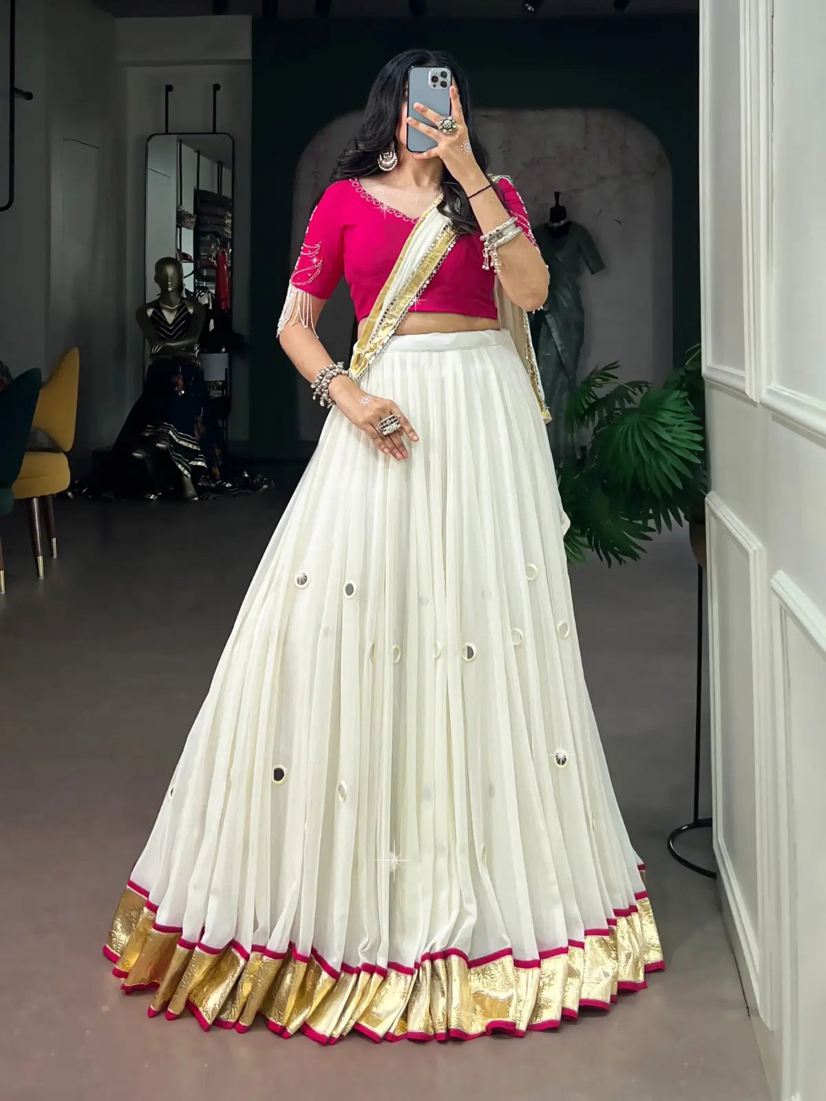 8 Meter Flair | White Mirror Work Navratri Lehenga Choli With Pearl Detailing
