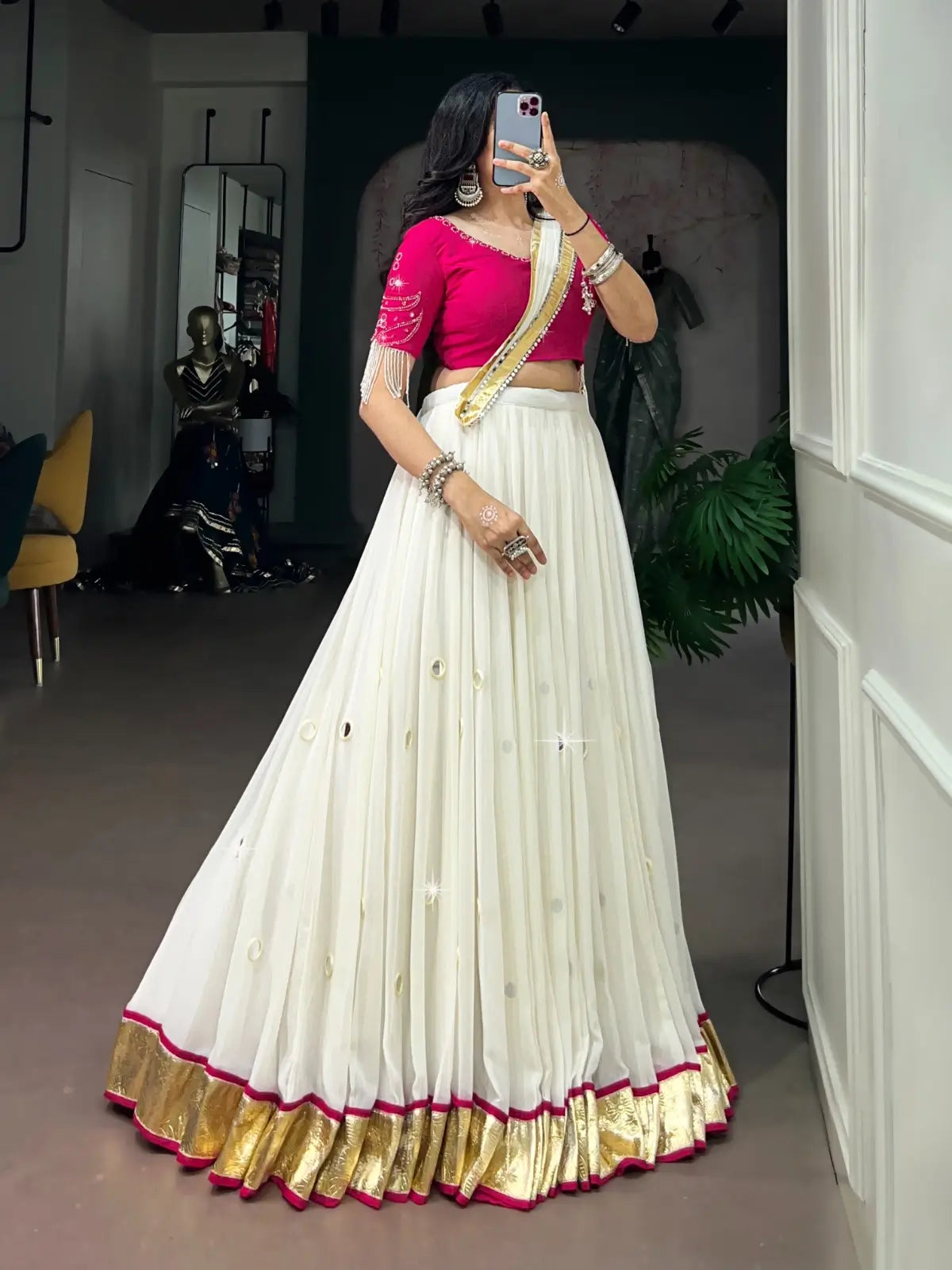 8 Meter Flair | White Mirror Work Navratri Lehenga Choli With Pearl Detailing