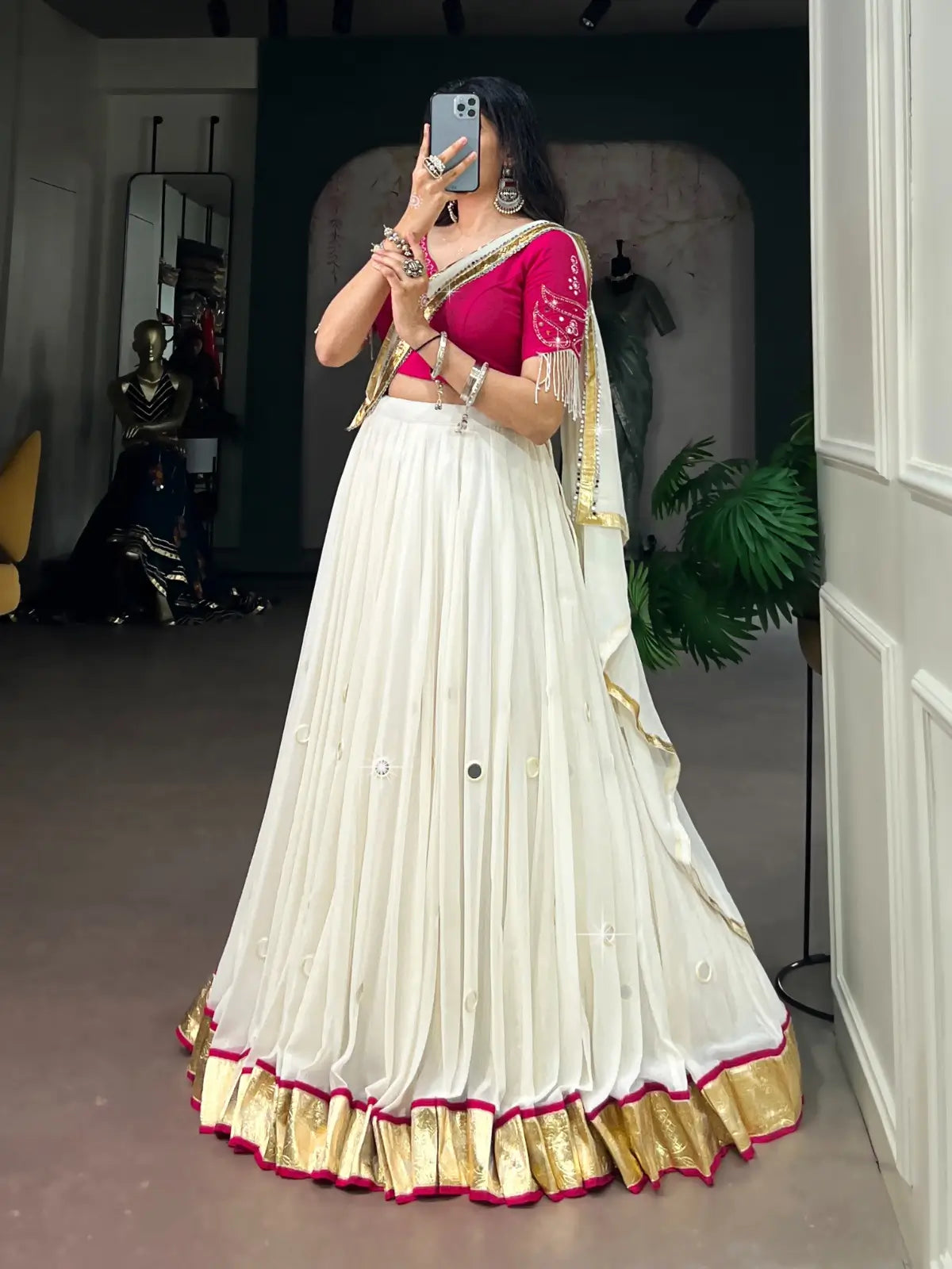 8 Meter Flair | White Mirror Work Navratri Lehenga Choli With Pearl Detailing