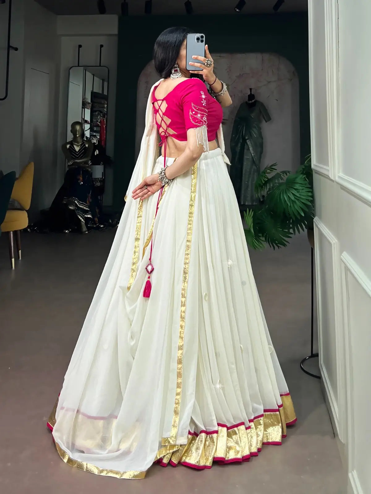 8 Meter Flair | White Mirror Work Navratri Lehenga Choli With Pearl Detailing