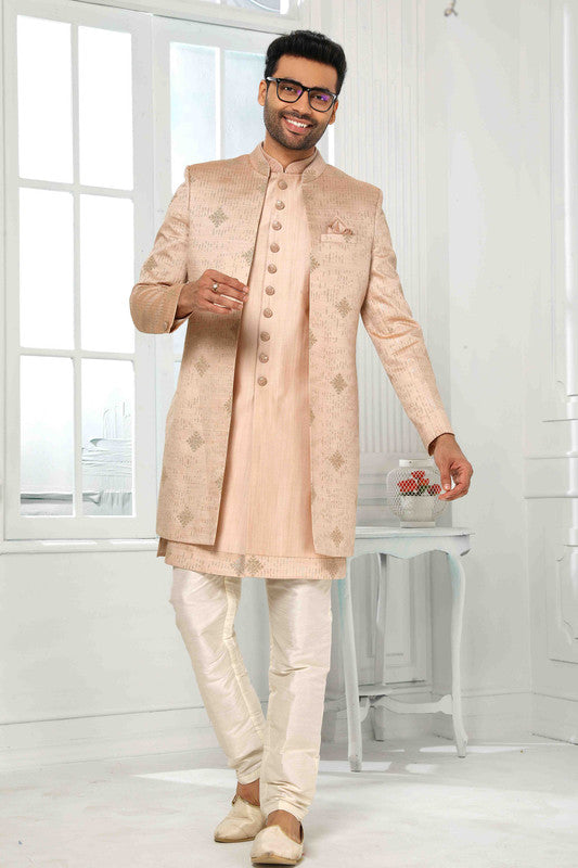 Men's Art Silk Embroidery Work 3 Pcs Indo Jacket Set In Onion Pink Colour