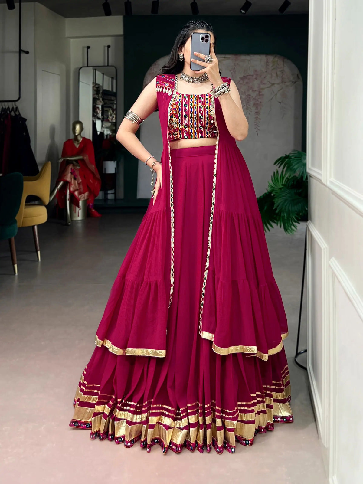 7 Meter Flair | Rani Pink Chaniya Choli With Gamthi & Mirror Work