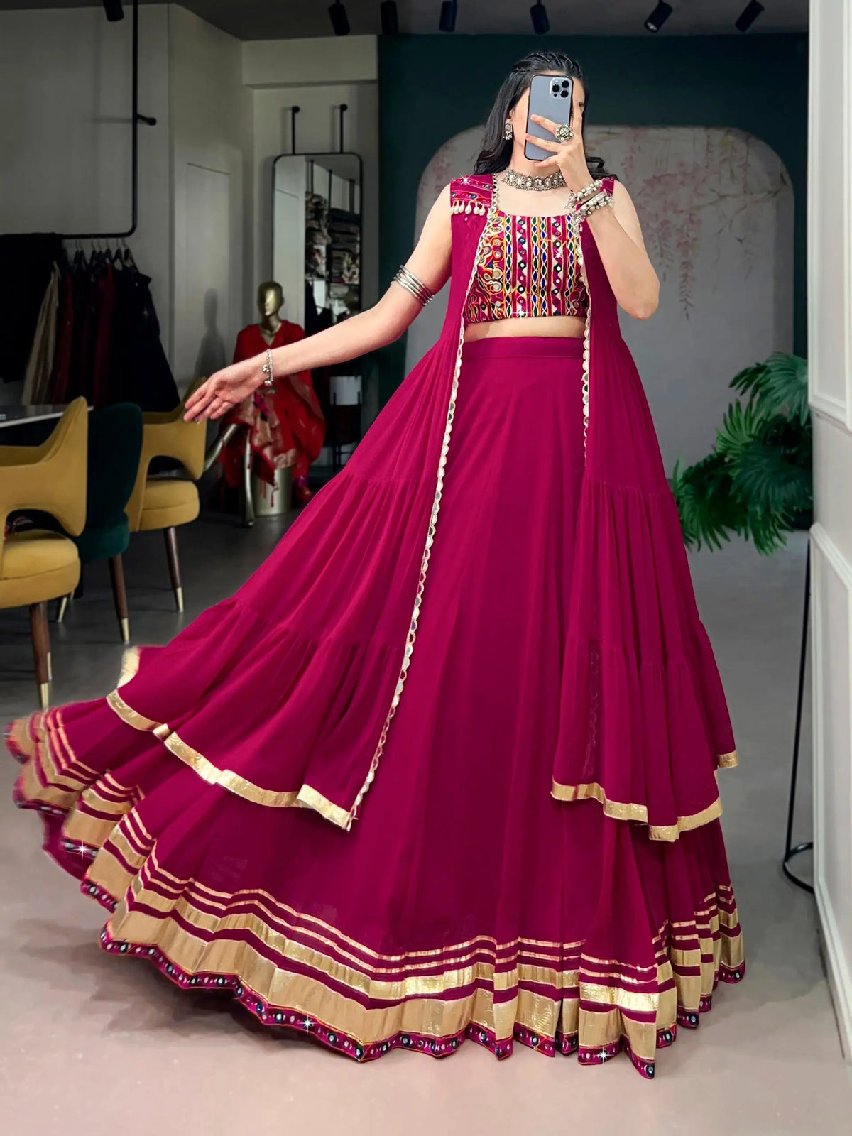 7 Meter Flair | Rani Pink Chaniya Choli With Gamthi & Mirror Work