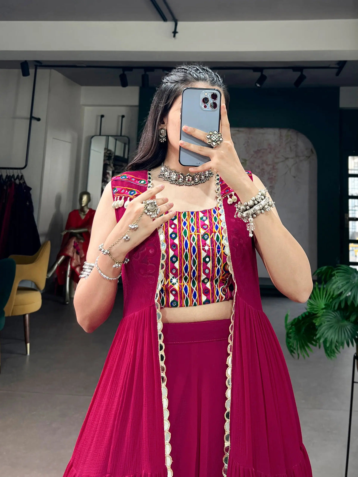7 Meter Flair | Rani Pink Chaniya Choli With Gamthi & Mirror Work