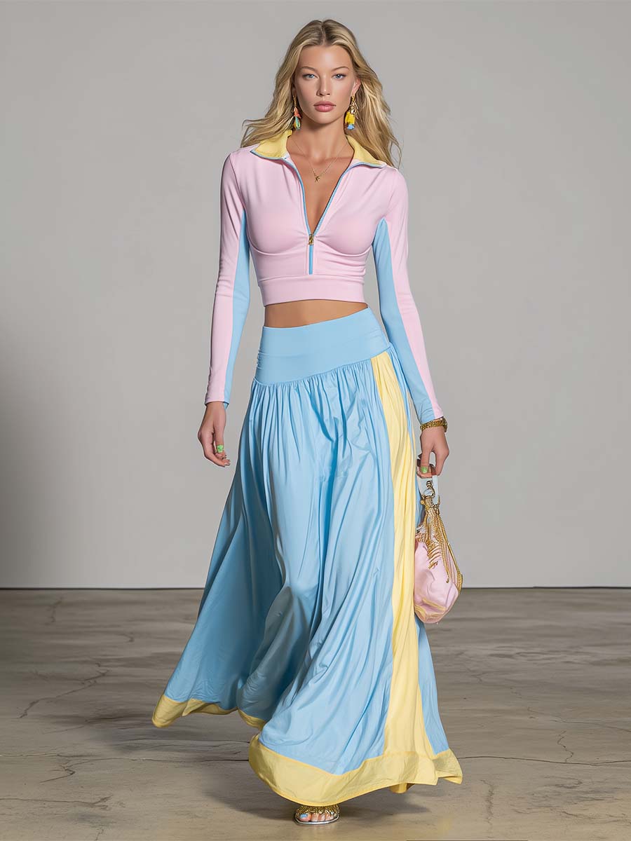 Oyrosy Clothing Capri Pastel Maxi Skirt Sport Set, dreamy coastal energy, women's casual summer clothing, stylish and comfortable.