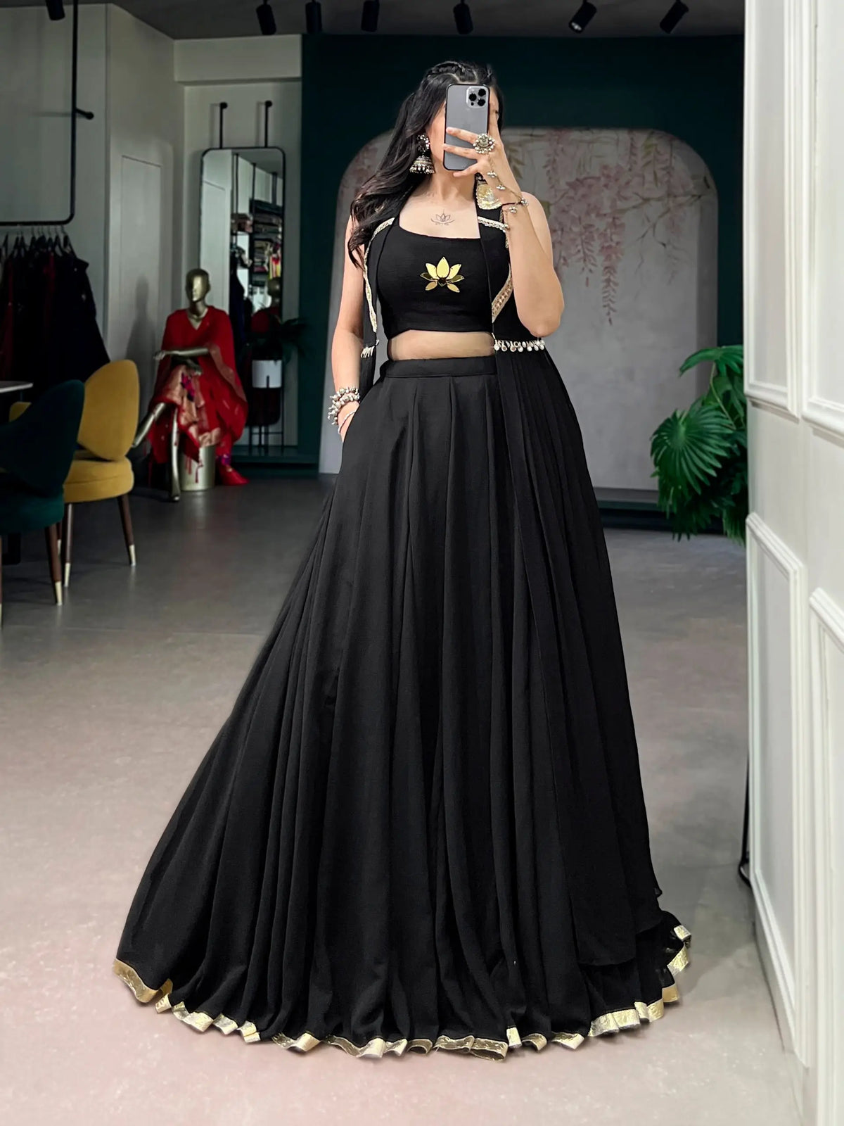 6 Meter Flair | Black Marbal Navratri Chaniya Choli With Lotus Hand Work & Koti