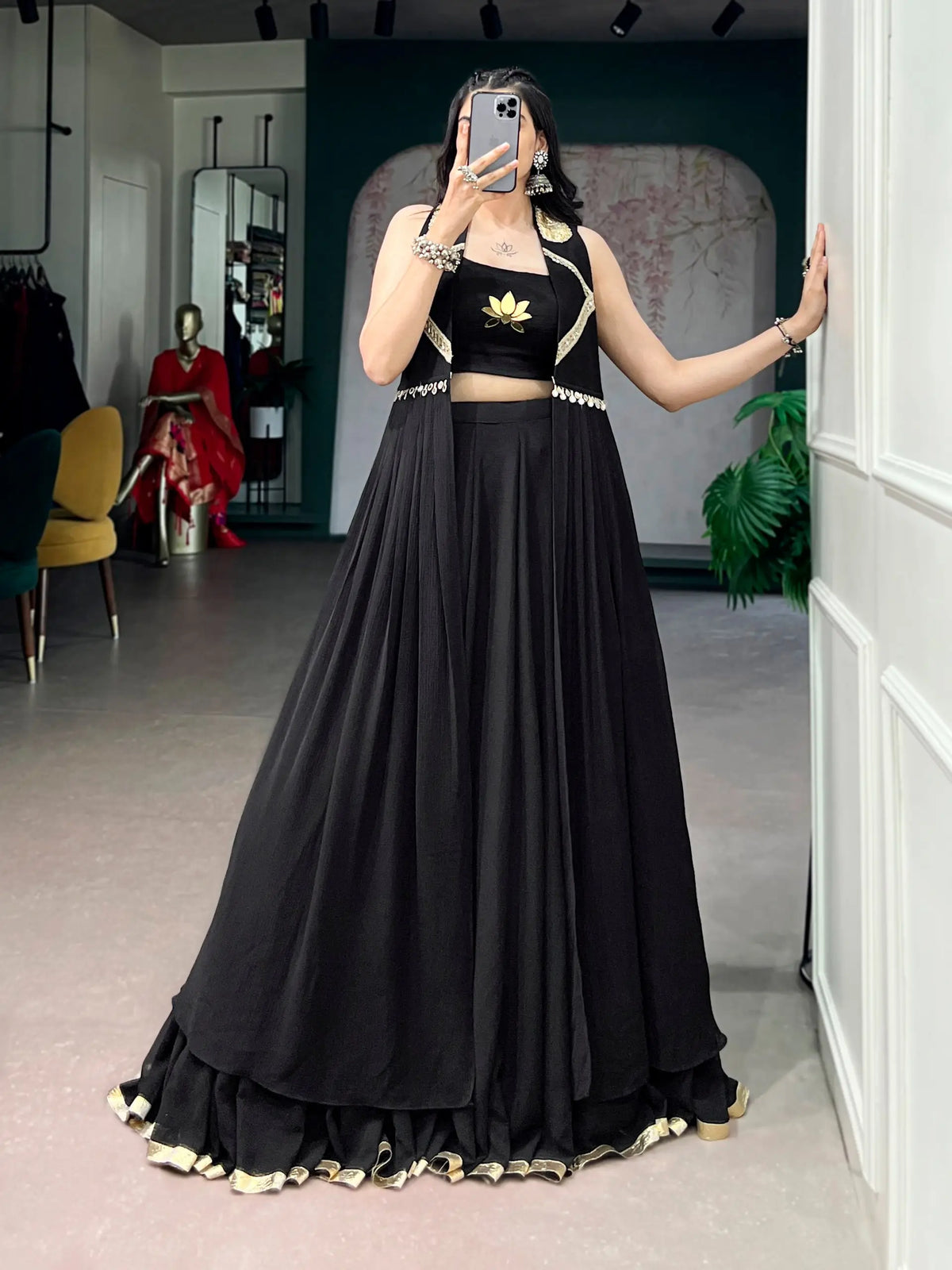6 Meter Flair | Black Marbal Navratri Chaniya Choli With Lotus Hand Work & Koti