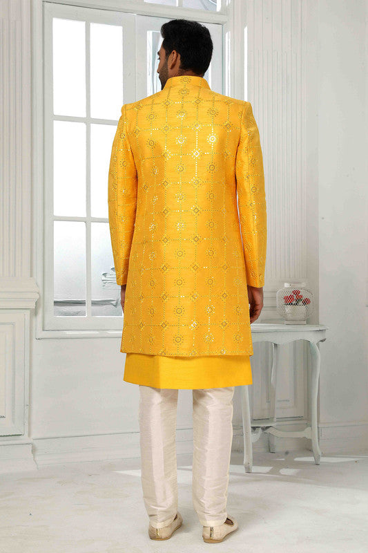 Men's Art Silk Embroidery Work 3 Pcs Indo Jacket Set In Yellow Colour