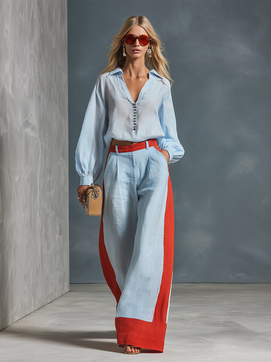 Stylish Casual Blue Striped Shirt And Color-Block Wide-Leg Pants Cotton-Linen Set - By Qivii