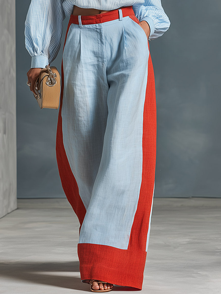 Stylish Casual Blue Striped Shirt And Color-Block Wide-Leg Pants Cotton-Linen Set - By Qivii