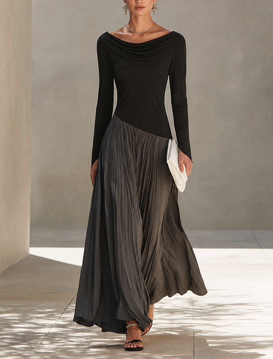 Women's Minimalist Two-Tone Color-Block Maxi Dress With Drape Neckline MDZ0907G9ZRK