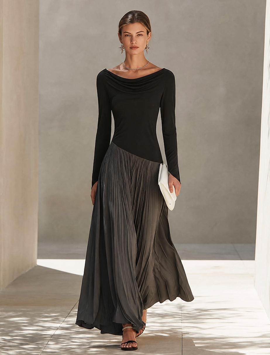Women's Minimalist Two-Tone Color-Block Maxi Dress With Drape Neckline MDZ0907G9ZRK