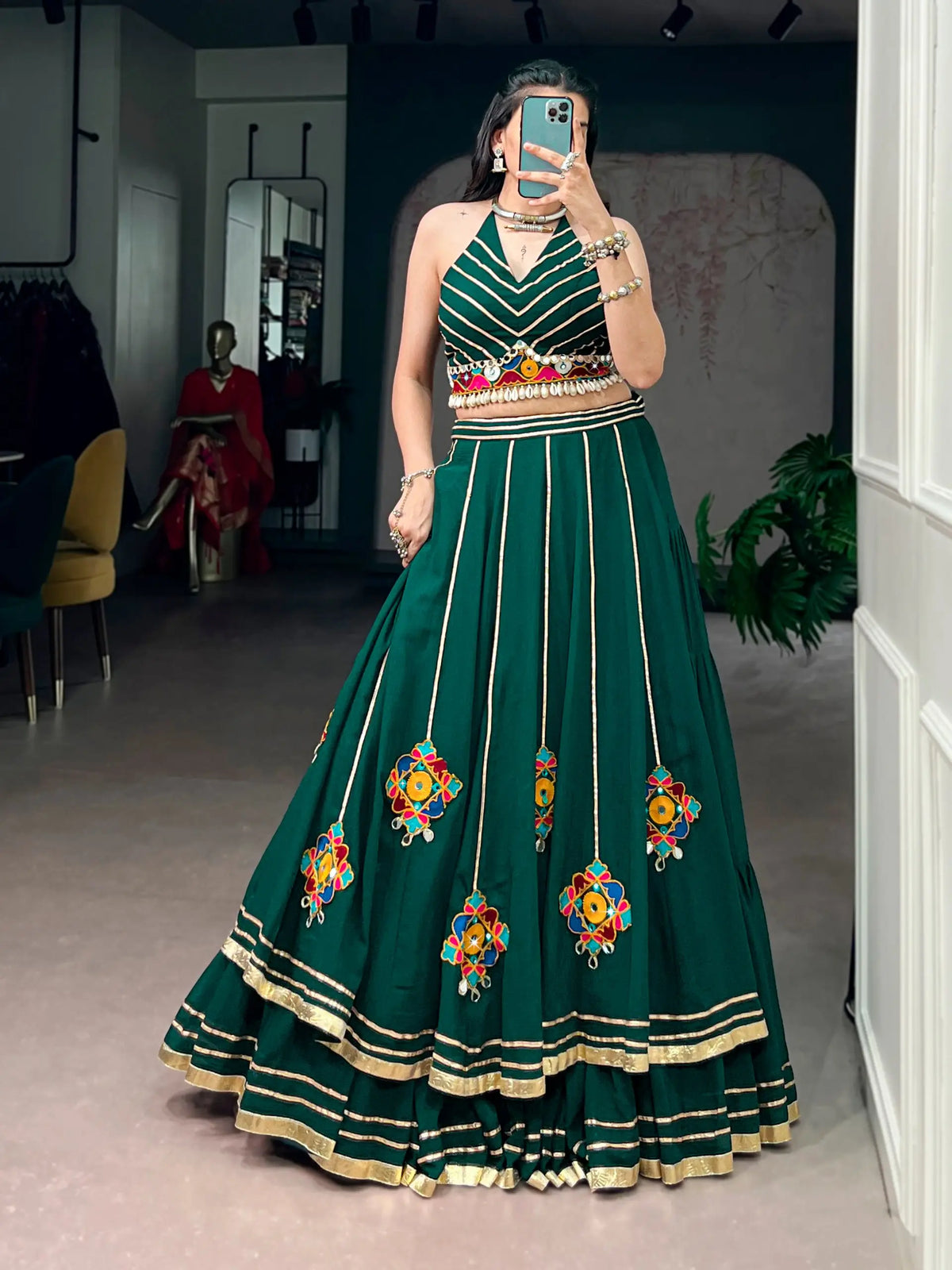 11 Meter Flair | Green Gamthi & Mirror Work Chaniya Choli