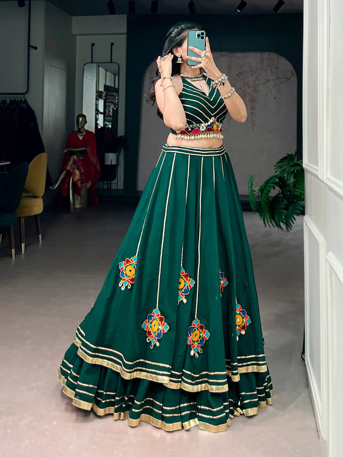 11 Meter Flair | Green Gamthi & Mirror Work Chaniya Choli